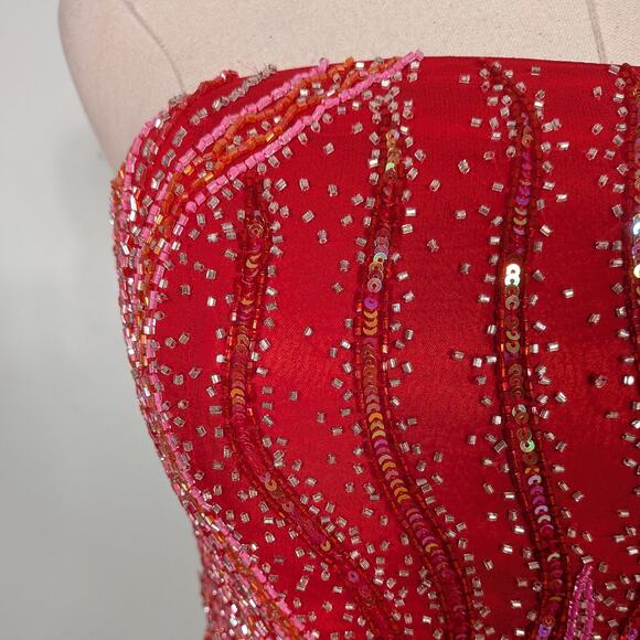 Alyce Prom Dress Maxi Gown XS Red Silk Princess Glam Strapless Y2K Bead Pink - Picture 9 of 16